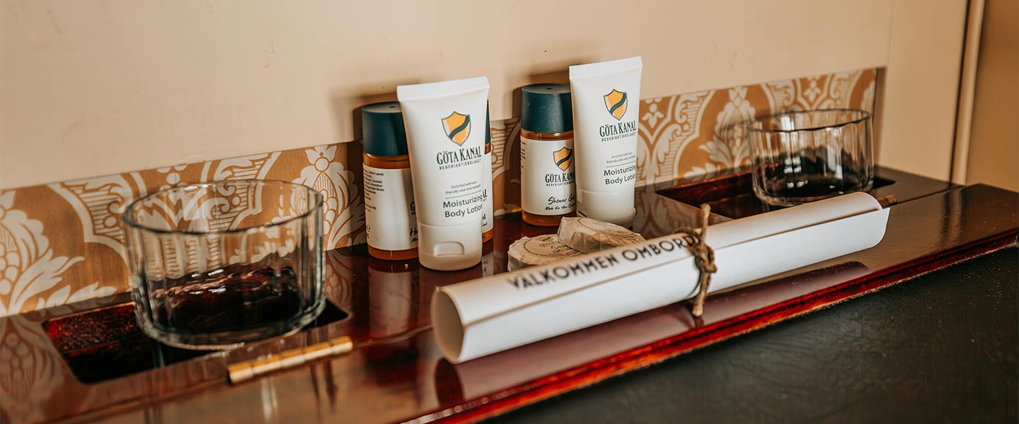 Hygiene articles inside the cabin onboard M/S Juno.
